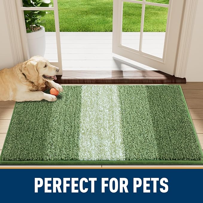 Smiry Dog Door Mat for Muddy Paws, Absorbs Moisture and Dirt, Low-Profile Entryway Mat with Non-Slip Backing, Entry Indoor Outdoor Doormat for Inside Floor (40x32 Inches, Green, Striped)