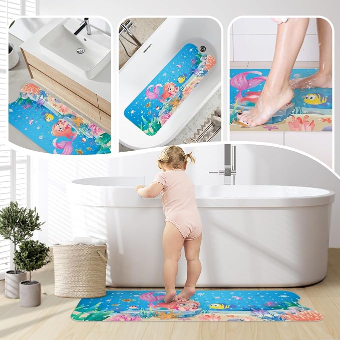 SHUCHING Mermaid Bath Mat for Tub Non Slip-40 X 16 Inch, Girl Bathtub Mat Non Slip, Long Shower Mat for Toddler Baby Kids