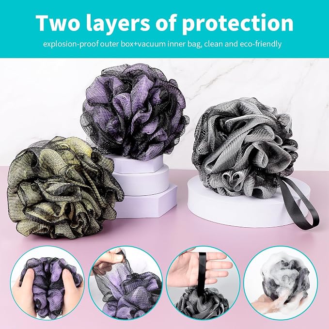 BCKENEY Bath Loofah Shower Sponge Body Back Scrubber Soft Mesh Shower Puffs Exfoliating Loofa for Women & Men Bath Accessories Cleaning Tool (Pack of 4 60G Loofah, Dark Elf)