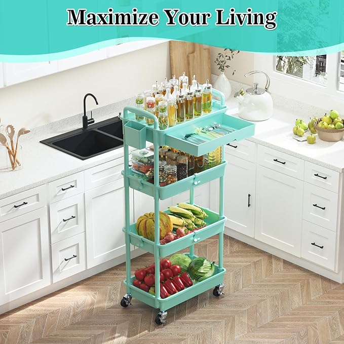 SUNALLY 4 Tier Rolling Utility Cart with Drawer, Storage Organizer Cart with 2 Lockable Wheels, Multifunctional Rolling Storage Cart for Bathroom, Kitchen, Craft, Makeup, Baby Essentials, Blue