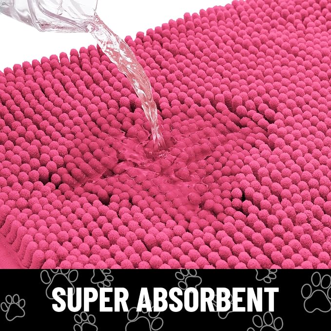 Smiry Dog Door Mat for Muddy Paws, Absorbent Dirt Trapper Non Slip Quick Dry Washable Chenille Mat for Mud Dogs, Entry Rug for Indoor and Outdoor (30x20 Inches, Hot Pink and White)