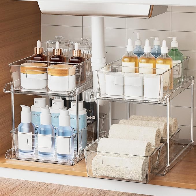 Fabspace Bathroom Organizers and Storage, 2 Tier Under Sink Organizers, Vanity Countertop Pull-out Cabinet Organizer, Storage Container, Multi-Purpose Kitchen Pantry Organization with Dividers,2 Packs