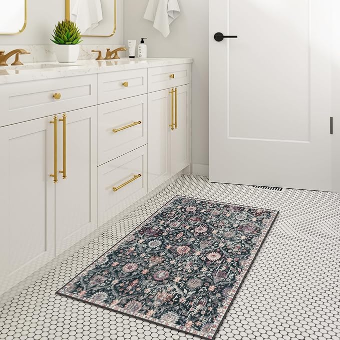 Lahome Kitchen Rugs Non Slip Washable Rugs for Entryway, 2x4 Rug Non-Slip Moroccan Trellis Ultra-Thin Indoor Door Mat Small Carpet for Bathroom Bedroom Entry Elise, Black/Multi