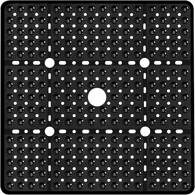 Large Square Shower Mat 27 x 27 Inch Black, Non Slip Shower Bathtub Mats for Inside Shower With Big Suction Cups Drain Holes, Anti Slip Bathroom Floor Shower Stall Mats, Easy Clean, BPA-Free