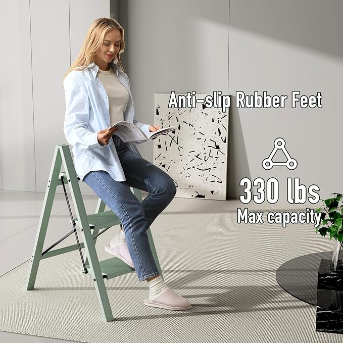 Mayi Plus 3 Step Ladder,Aluminum Folding Step Stool for Adults,Step Ladder with Wide Anti-Slip Pedal,330 lbs Capacity for Home,Office,Kitchen,Library(Green)