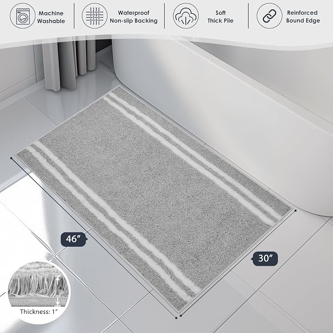 PURRUGS Bathroom Rug Non-Slip Machine Washable 30" x 46", Super Absorbent and Quick Dry Shaggy Microfiber Bath Mat, Extra Soft and Plush Bath Rug for Bathtub, Shower, and Sink, Light Grey