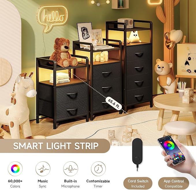 Lazzanto Night Stand Bedside Table Bedroom - Tall Nightstand with Charging Station & LED Light Strip, Bed Side Table with Storage Shelf & 4 Fabric Drawers, 2 U-S-B Ports & 2 AC Outlets