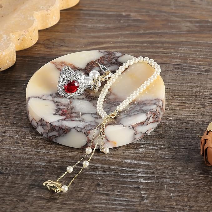 Koville Marble Jewelry Dish, Small Round Trinket Dish for Ring Necklace Earring, 4" Decorative Dish, Natural Stone Soap Dish for Bathroom Kitchen