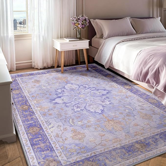 RELEANY Area Rugs 5'x7' Washable Non-Slip, Floral Vintage Distress Medallion Carpet for Living Room Bedroom Dining Room, Light Purple Brown