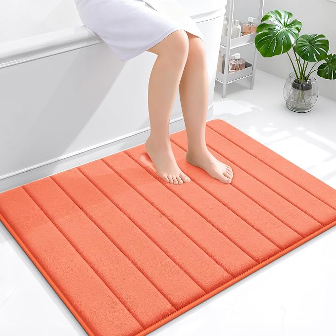 OLANLY Memory Foam Bath Mat 40x32, Super Soft Absorbent Bathroom Rugs, Quick Dry, Machine Washable Shower Floor Rugs, Bathmat Carpet, Bathroom Home Decor Accessories, Coral