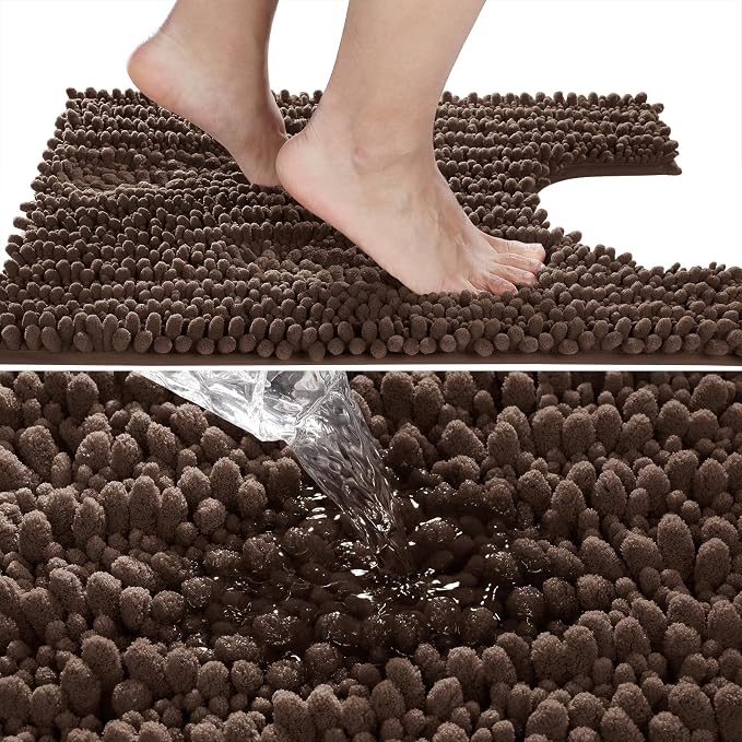 Yimobra Toilet Rug U Shaped Washable 24x24 Inch - Ultra Soft Absorbent Chenille Bath Rugs for Toilet, Quick Dry & Machine Washable, Non Slip Contour Bathroom Mat, Brown