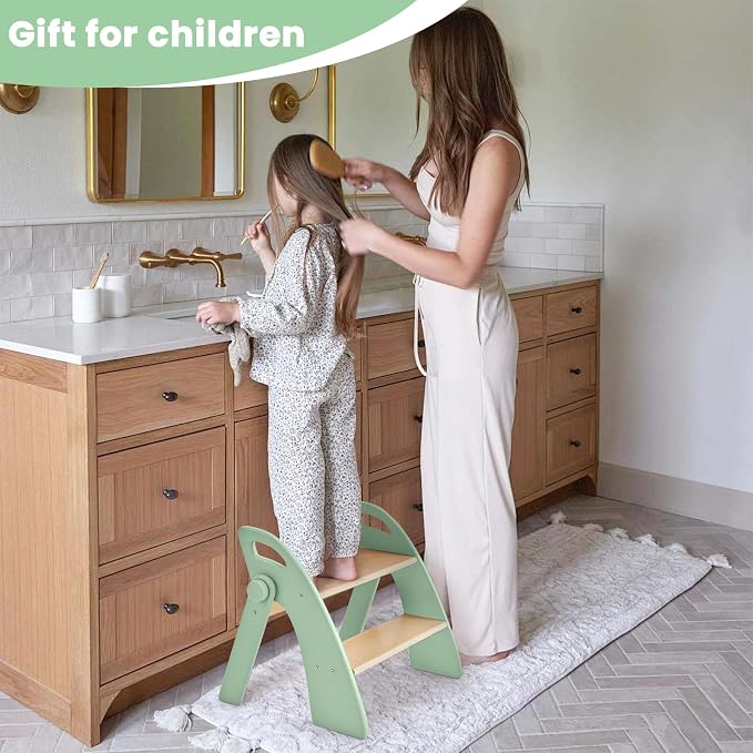 Wooden 2 Step Stool for Toddlers, Foldable 2-Step with Non-Slip Pads and Handles, Bamboo Step Stool for Kids Bathroom Sink and Potty Training, Kitchen Helper, Nursery Bedroom (Green)