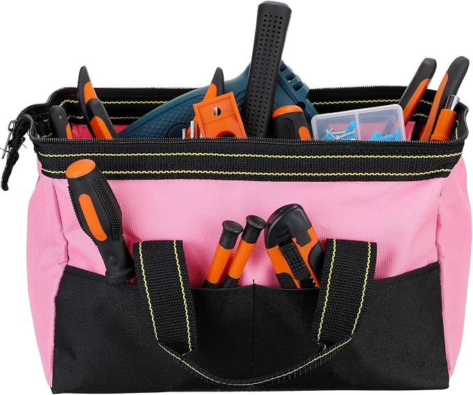 Sanwuta 3 Pack Tool Bag for Men with Waterproof Hard Bottom, Heavy Duty Tool Bag Wide Mouth Tote for Various Instrument, Electrician Carpenter Mechanic(Red, Pink, Light Purple,13 Inch,Classic)