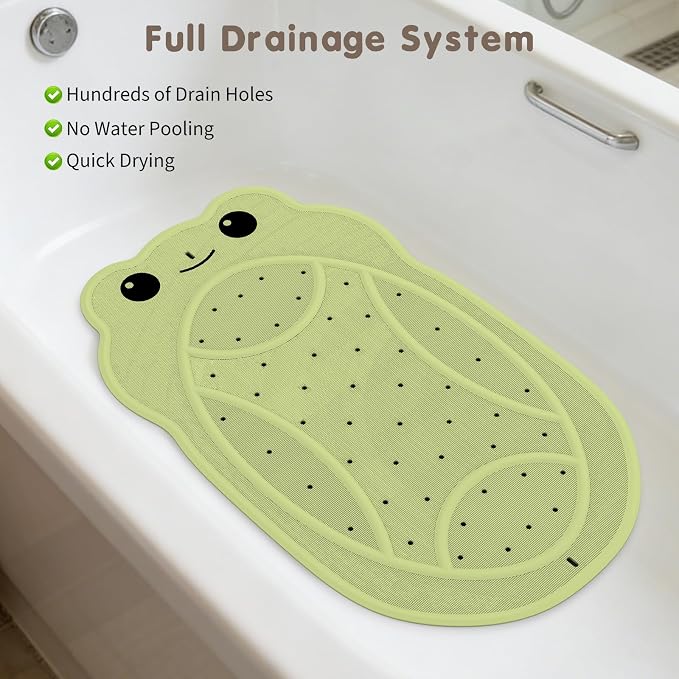 Upgraded Kids Bathtub Mat Non Slip, Low-Odor Natural Rubber Bath Mat with Strong 18mm Suction Cups, Flat Non-Slip Surface, 30"x18" Cute Frog Design, Shower Mat Fast Draining for Smooth Tubs, Green