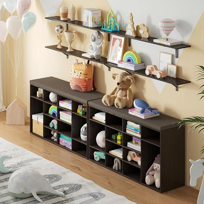 DINZI LVJ Shoe Storage Bench with Cushion, 14-Cubby Shoe Rack, Adjustable Shelves, Multifunctional Shoe Organizer Bench for Entryway, Mudroom, Hallway, Living Room, Bedroom and Garage, Espresso