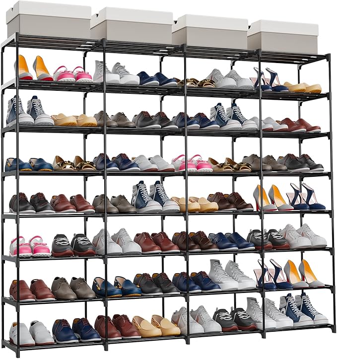 SMILHELTD Large Shoe Rack 4 Row 8 Tier for Entryway Holds 64 Pairs, Metal & Plastic Sneaker Shelves, DIY Assembly, Space Saving Storage Organizer for Garage Closet, 66.1" W x 49.2" H