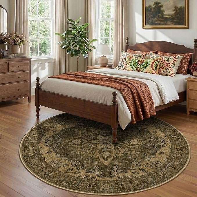 RELEANY Area Rugs Round 8ft Washable Non-Slip, Floral Vintage Distress Medallion Carpet for Living Room Bedroom Dining Room, Brown Dark Brown