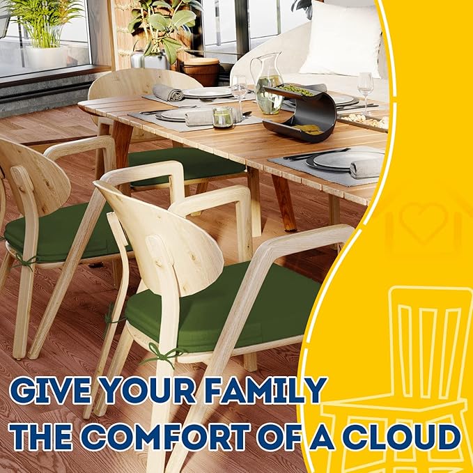 AAAAAcessories D-Shaped Chair Cushions, 2" Thick Dining Chair Pads with Ties and Removable, Machine-Washable Cover, 17" x 16", Set of 2, Dark Olive Green