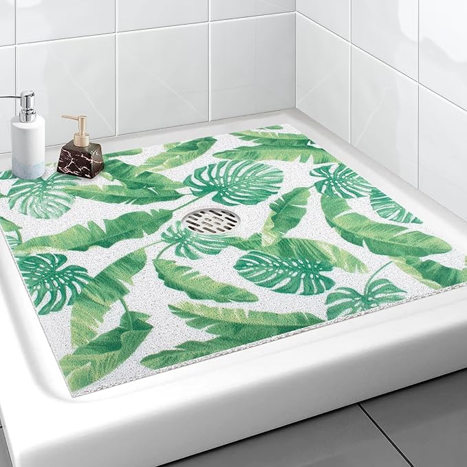 Square Shower Mat, Yonala 32 x 32 Inch Stylish Non Slip Shower Mats for Inside Shower with Central Drain Hole, Soft Trimmable PVC Loofah Anti Slip Shower Mat for Walk in Shower Stall, Quick Drying