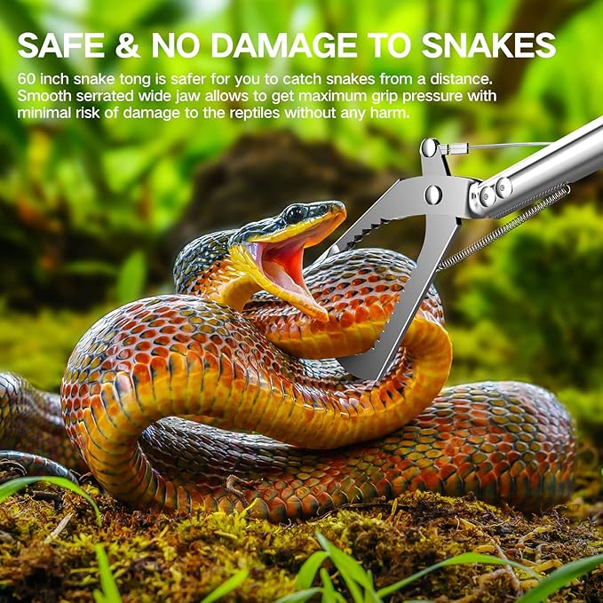 60" Snake Tongs Collapsible Grabber, Professional Reptile Snake Catcher Wide Jaw Handling Tool, Stainless Steel Snake Hook