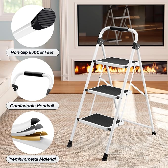 Urackify Step Ladder, 3 Step Ladder with Anti-Slip and Wide Pedal, Portable Foldable Step Stool with Handgrip, Sturdy Step Ladder for Home Kitchen Household, White