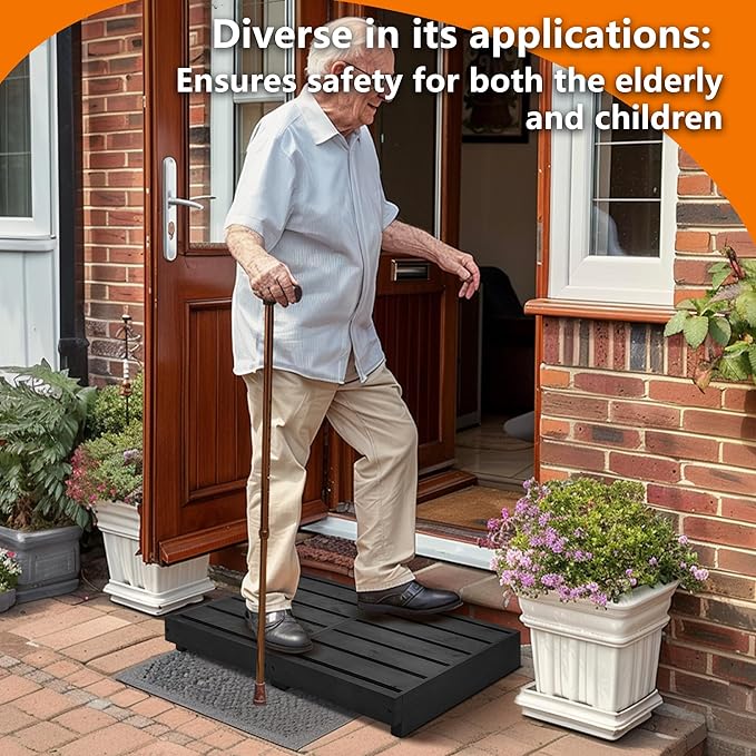 Indoor Wooden Step Stool 3.5'' Height, Outdoor Steps with Non Slip Pads, Step for Outside, Safety Stepping Stool for Bathroom, Kitchen, Bed, Black