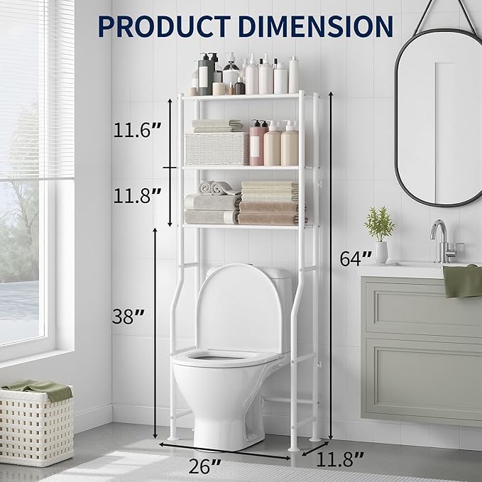 GloTika 3-Tier Over Toilet Storage Rack, Metal Over Toilet Bathroom Organizer Shelf, Freestanding Space Saver Storage Shelves for Bathroom/Laundry/Living Room (White)