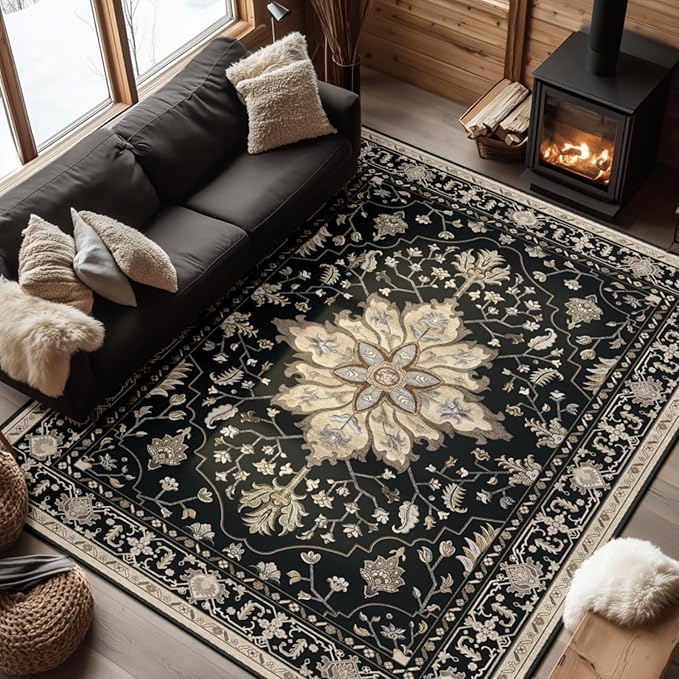 RELEANY Area Rugs 7'x9' Washable Non-Slip, Floral Vintage Distress Medallion Carpet for Living Room Bedroom Dining Room, Black Brown Neutral Dark Tan