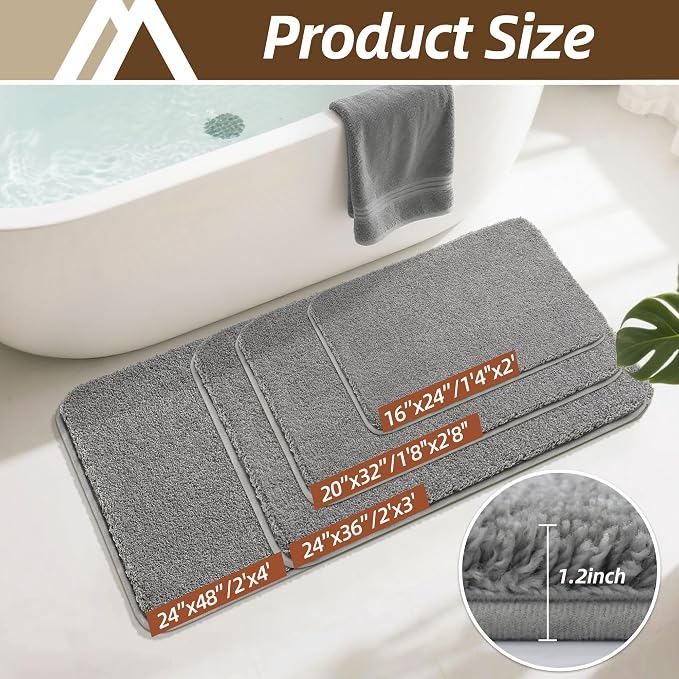 COSY HOMEER Bath Rugs for Bathroom Extra Thick - Anti-Slip Bath Mats Soft Plush Yarn Shaggy 100% Strong Mirco Polyeste Mat Living Room Bedroom Mat Floor Water Absorbent(Grey,24x48 - Inches)