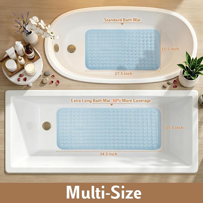 Yimobra Bathtub Mat Non Slip, Super Strong Suction Cups, 28"X16" Long Shower Mat with Drain Holes, Machine Washable Fast Draining Bath Mats, Bathroom Essentials, Light Blue