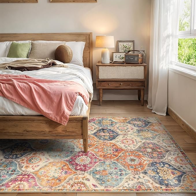 Lahome Moroccan Trellis Washable Area Rugs 5x7, 5x7 Area Rugs for Living Room Bedroom, Indoor Non-Slip Large Oriental Throw Carpet for Kitchen Entryway Bathroom Office Elise, Cream/Multi