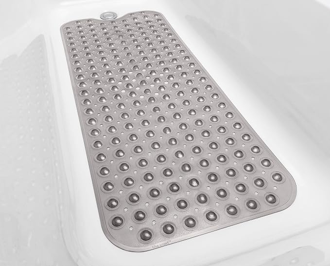 Extra-Long Non-Slip Bathtub & Shower Mat 39”x16” (Smooth/Non-Textured Tubs Only) Safe, Clean, Machine-Washable, Superior Grip&Drainage, Vinyl, Transparent Gray (Grey)