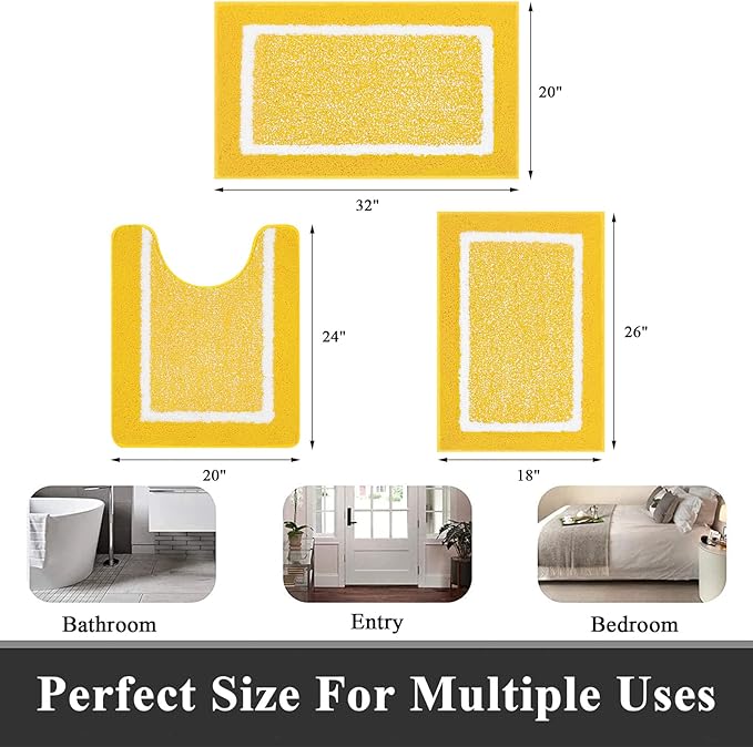 Pauwer Bathroom Rugs Sets 3 Piece Bathroom Shower Rugs with U-Shaped Contour Toilet Mat Absorbent Microfiber Plush Bath Mats Non Slip Bath Rugs Machine Washable Shaggy Bath Floor Mats