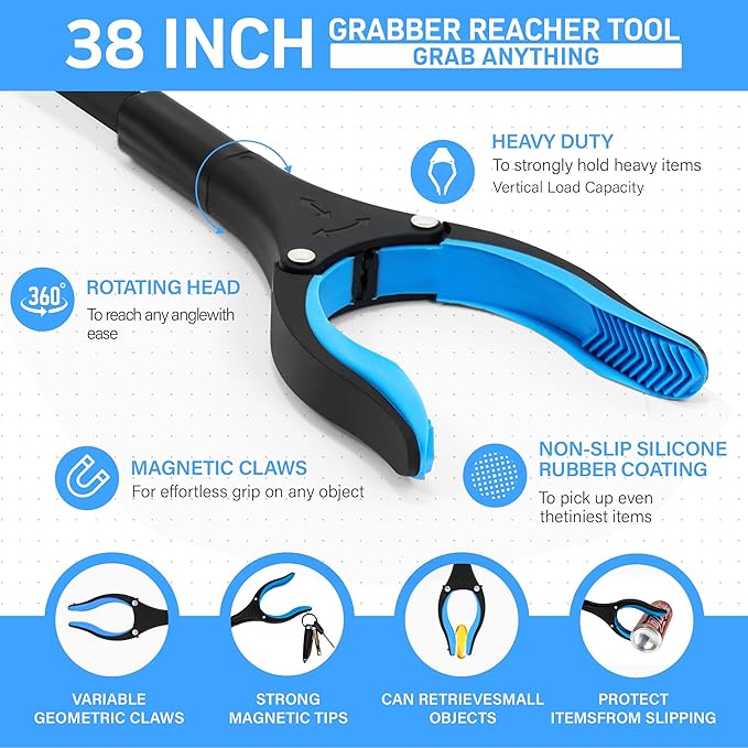 38" Extra Long Grabber Reacher Tool – 3 Pack Foldable Reacher Grabber Pickup Tools with 360° Rotating Jaw & Magnet - Heavy Duty Pick Up Grabbers for Seniors, Trash, Surgery Recovery (Orange Blue Pink)