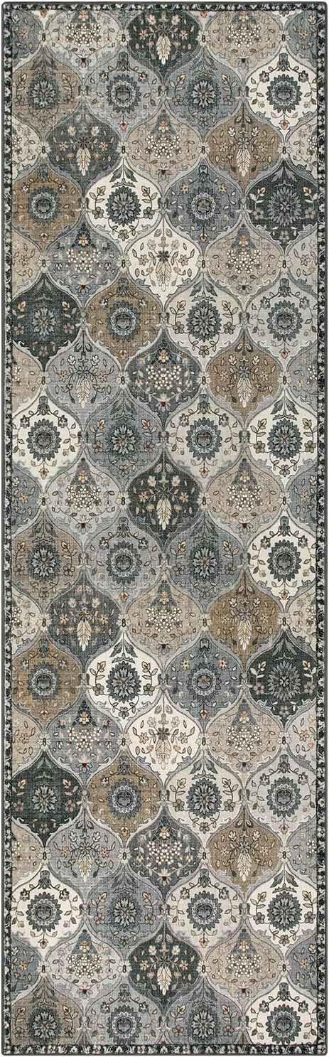 Lahome Moroccan Kitchen Runner Rug, 2'5''x8' Ultra-Thin Soft Washable Runner Oriental Non-Slip Hallway Rug Indoor Throw Carpet for Entryway Bedroom Laundry Room Foyer Elise, Grey