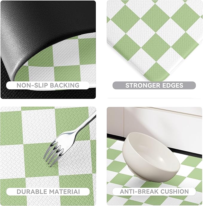 Fresh Green Checkered Grid Checkerboard Kitchen Rug Sets [2 PCs], Anti-Fatigue, Waterproof Non-Slip Kitchen Mats Heavy Duty Comfort Foam Rug for Kitchen, Floor, Laundry,17"x29"+17"x47"