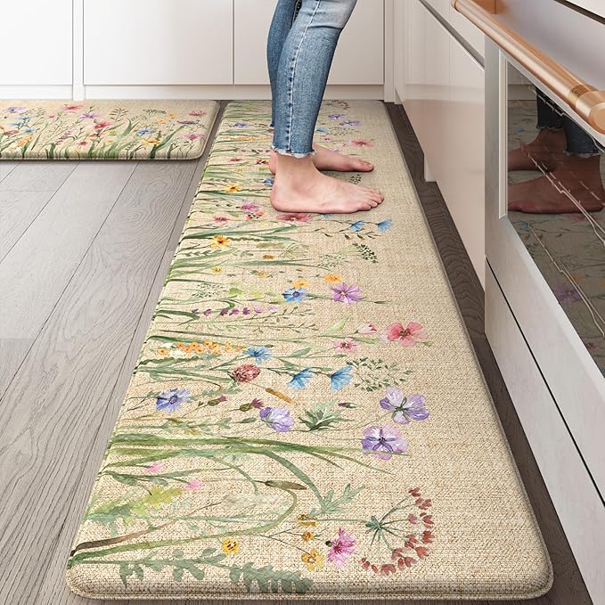 KIMODE Anti Fatigue Mats for Kitchen Floor 17"x59"+17"x29", Farmhouse Floral Kitchen Rugs, Cushioned Memory Foam Kitchen Mats, Comfort Standing Mat for Laundry, Office, Sink, Desk Brown