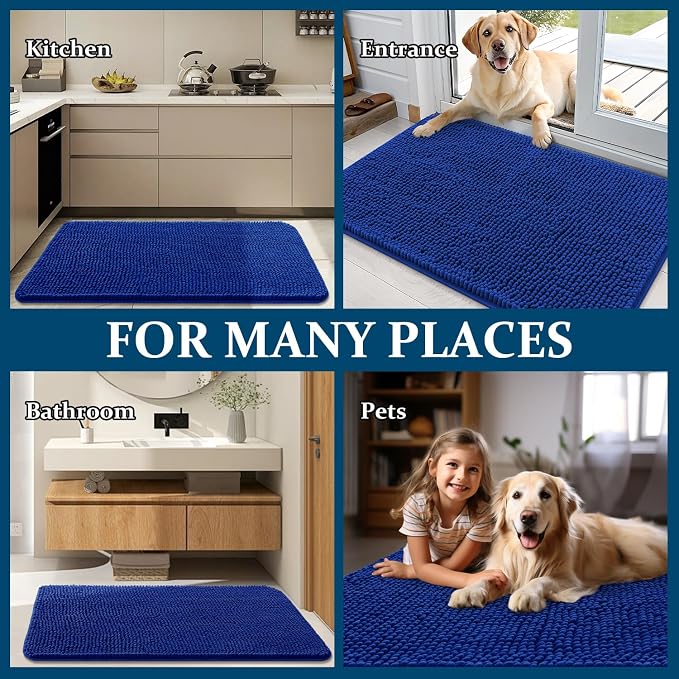 OLANLY Dog Door Mat for Muddy Paws 45x27, Absorbs Moisture and Dirt, Absorbent Non-Slip Washable Doormat, Quick Dry Chenille Mud Mat for Dogs, Entry Indoor Entryway Carpet for Inside Floor, Royal Blue