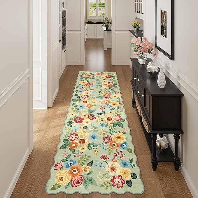 DUKINO 2x6 Runner Rug for Hallway, Washable Kitchen Rug with Non Slip Backing & Non-Shediing, Soft Low Pile Floral Design Runner for Bedroom, Kithchen, Living Room, Laundry, Bathroom, Green