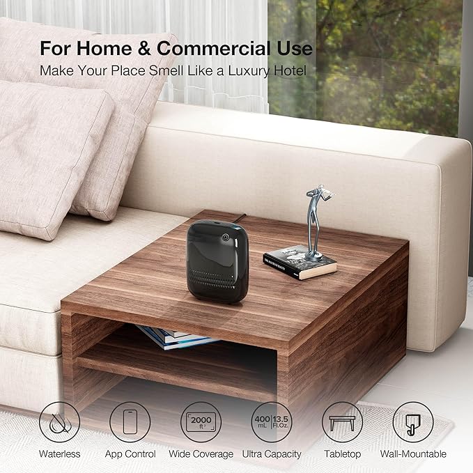 Airversa Waterless Essential Oil Diffuser for Home Large Room and Commercial Use, Up to 2000 sq ft, App Control Cold Air Diffuser, 400mL, DC-12V/1A Plug in Wall, Smart Scent Air Machine, ANW-Black