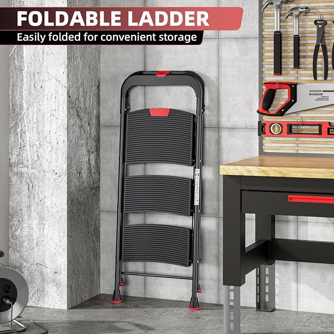 TOOLF 3 Step Ladder, Heavy Duty Step Stool with Tool Tray and Anti-Slip Wide Pedal, Portable Steel Folding Ladder for Home, Kitchen, 800 Lbs Capacity for Home & Industry, Black