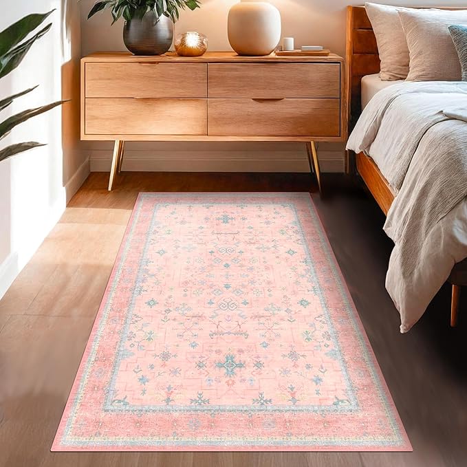Hazo Haus Nursery Area Rug 4x6 - Pink Rugs for Girls Bedroom, Living Room - Washable Low Pile Non-Slip Charming Boho Vintage Traditional Oushak Design, Perfect for Kids Rooms