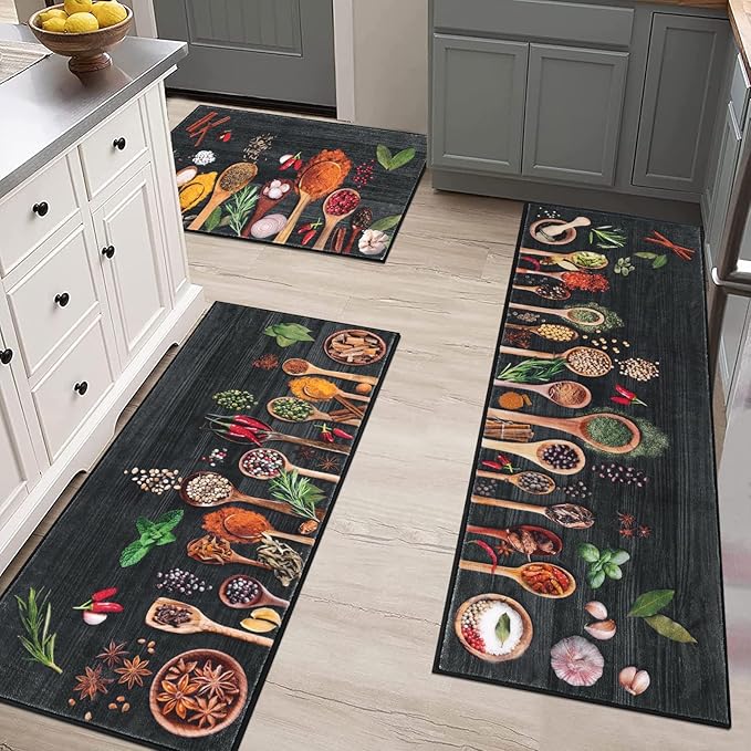 Vaukki Boho Kitchen Rug Sets 3 Pieces, Washable Kitchen Mats for Floor, Non Slip Soft Kitchen Area Rug Floor Mat for Kitchen, Laundry Room and Hallway (Spice-Black, 20''x32''+20''x47''+20''x59'')