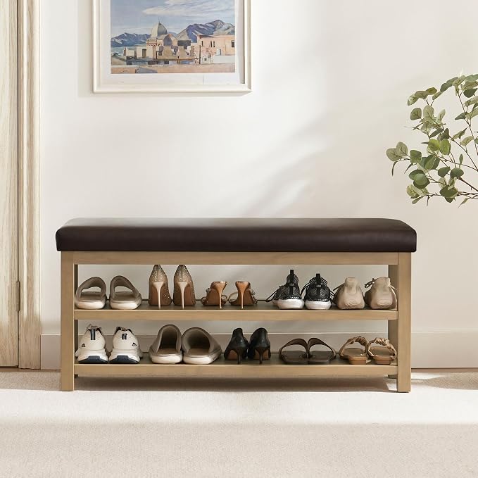 Zihanhome Shoe Rack Bench with Leather Cushion, 2 Tier Solid Wood Storage Bench, Mid-Century Modern Shoe Bench for Entryway, Hallway, Closet, Front Door Entrance, Foyer (Dark Brown, 46.5)