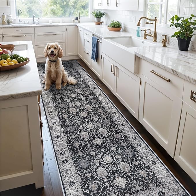 Hallway Washable Runner Rug - 3x10 Kitchen Rugs Entryway Rug Runner Vintage Soft Floor Mat Non Slip Indoor Farmhouse Carpet for Bathroom Living Room Bedroom (3 X 10, Black)