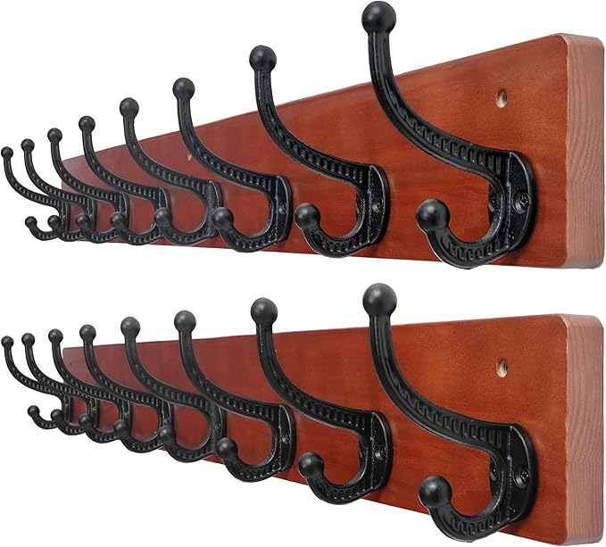 WEBI Rustic Coat Rack Wall Mount,35.43" Long 8 Cast Iron Coat Hooks Wall Mounted,Heavy Duty Wood Wall Coat Hanger Hooks for Hanging Coats,Jacket,Clothes,Backpack,Farmhouse,Cherry,2 Packs