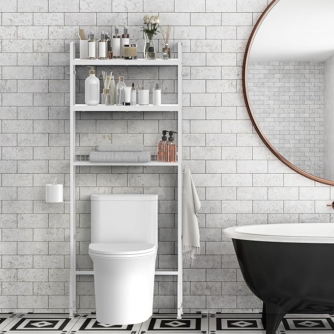 Over the Toilet Organizer White Over the Toilet Shelf with Paper Holder and 3 Hooks 3 Tier Over the Toilet Storage Rack for Restroom, Laundry Bathroom Over the Toilet Cabinet for Small Space
