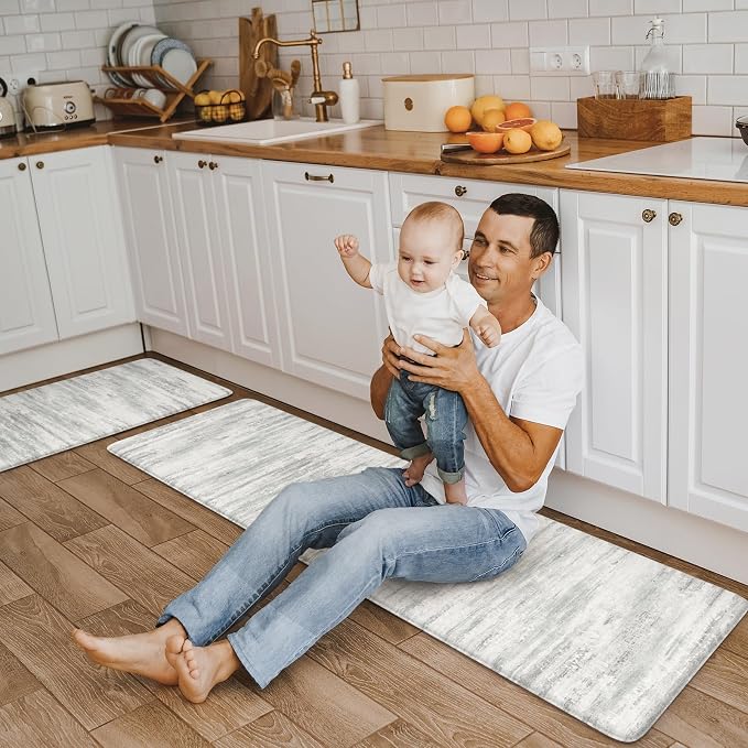 KIMODE Kitchen Mats Cushioned Anti Fatigue, Abstract Grey Farmhouse Kitchen Rugs Sets of 2, Non Slip Kitchen Mats for Floor, Padded Kitchen Floor Mat for Sink Laundry Desk 17"x59"+17"x29"