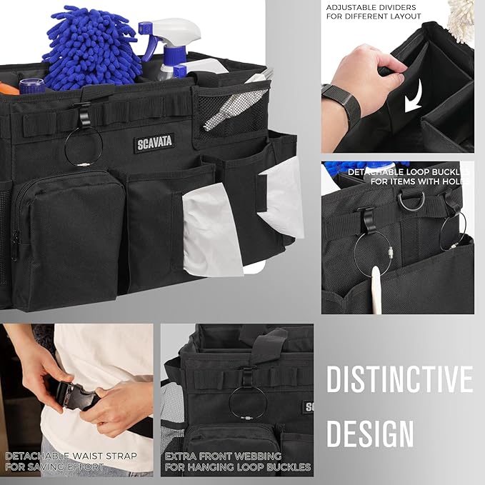 SCAVATA Wearable Cleaning Caddy Bag, Supplies Organizer with Handle & Shoulder Straps for Housekeepers, Under Sink & Car Cleaning Tool Organizer with 4 Foldable Dividers (Black)