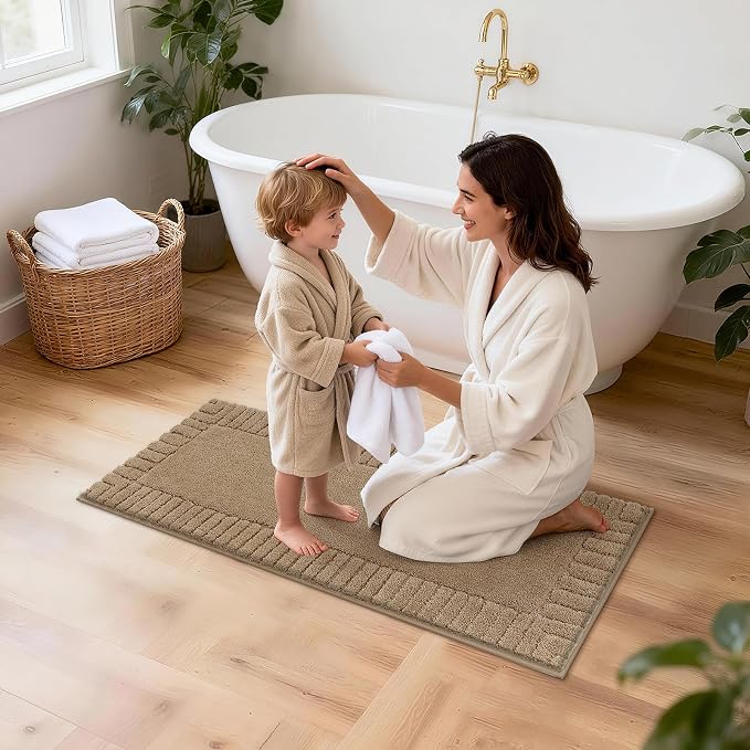 Pauwer Bathroom Rugs Set 5 Piece Non Slip Washable Bath Mat Set with U Shaped Contour Toilet Rugs Plush Absorbent Microfiber Shower Mat and Toilet Lid Cover for Bathroom, Khaki